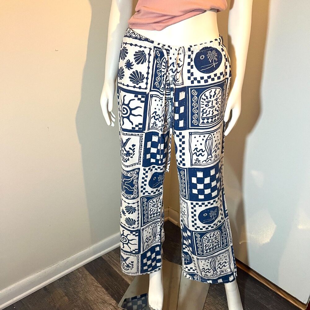 Cali 1850 Wide Leg Linen Pants M - Ocean Print Coastal Beach Sardine Euro Summer - Picture 3 of 8
